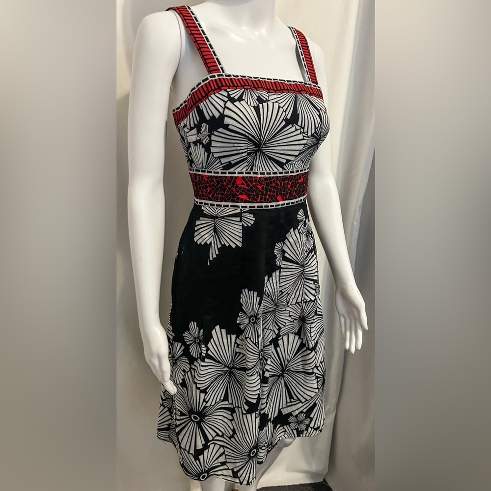 Adrianna Papell 2 Red + Black Floral Aztec Tribal A Line Dress Boho Retro Y2K